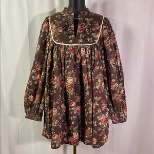 NWT Mable Brown & Red Floral Print Long Sleeve Tie Neck Isabelle Babydoll Dress
